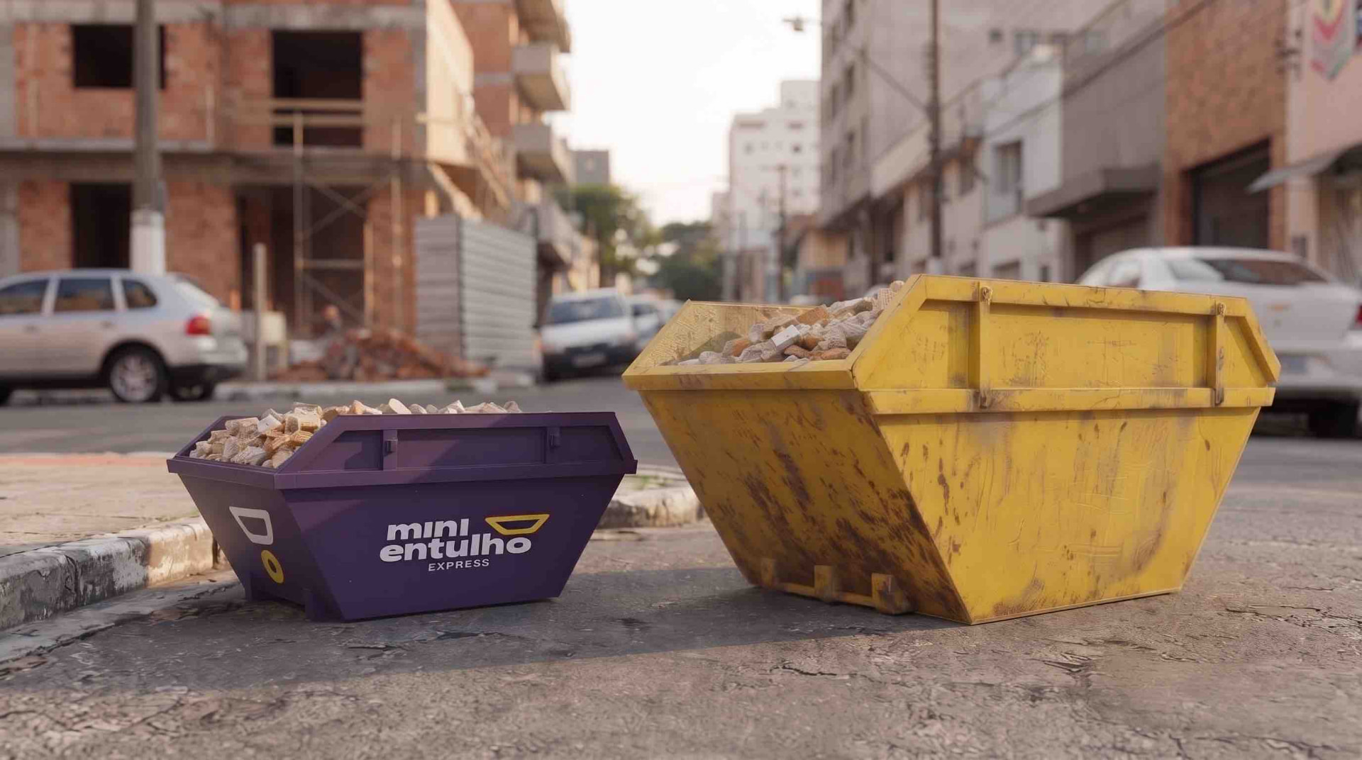 Comparação entre a mini caçamba roxa da Mini Entulho Express e uma caçamba amarela tradicional